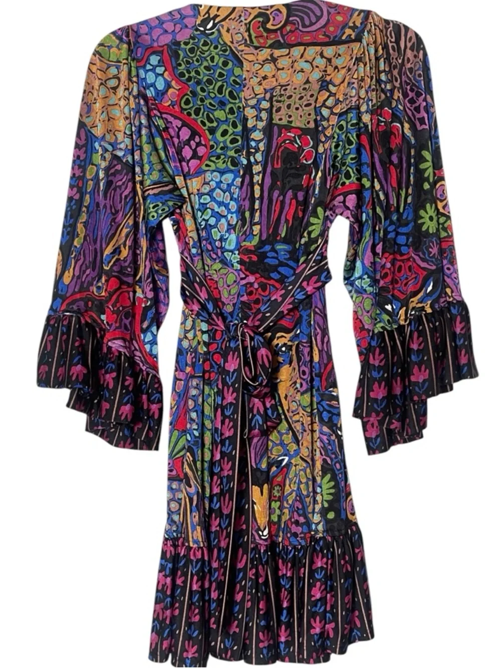 Vtg Betsey Johnson quirky Print Mini Dress Bell Sleeve Boho Y2K Festival size 2